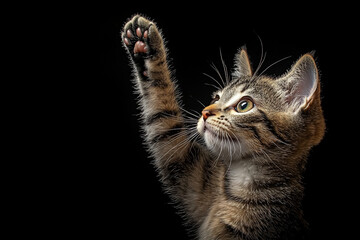 Obraz premium Playful tabby cat reaching up with paw against a dark background, showcasing curiosity and charm