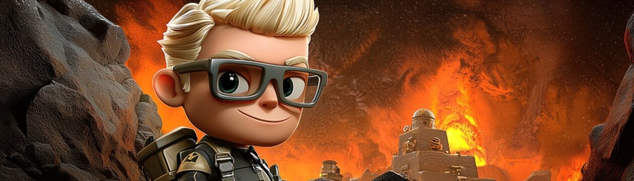 Fototapeta Boy adventurer, fiery background, rocky terrain, cartoon style, game promotion