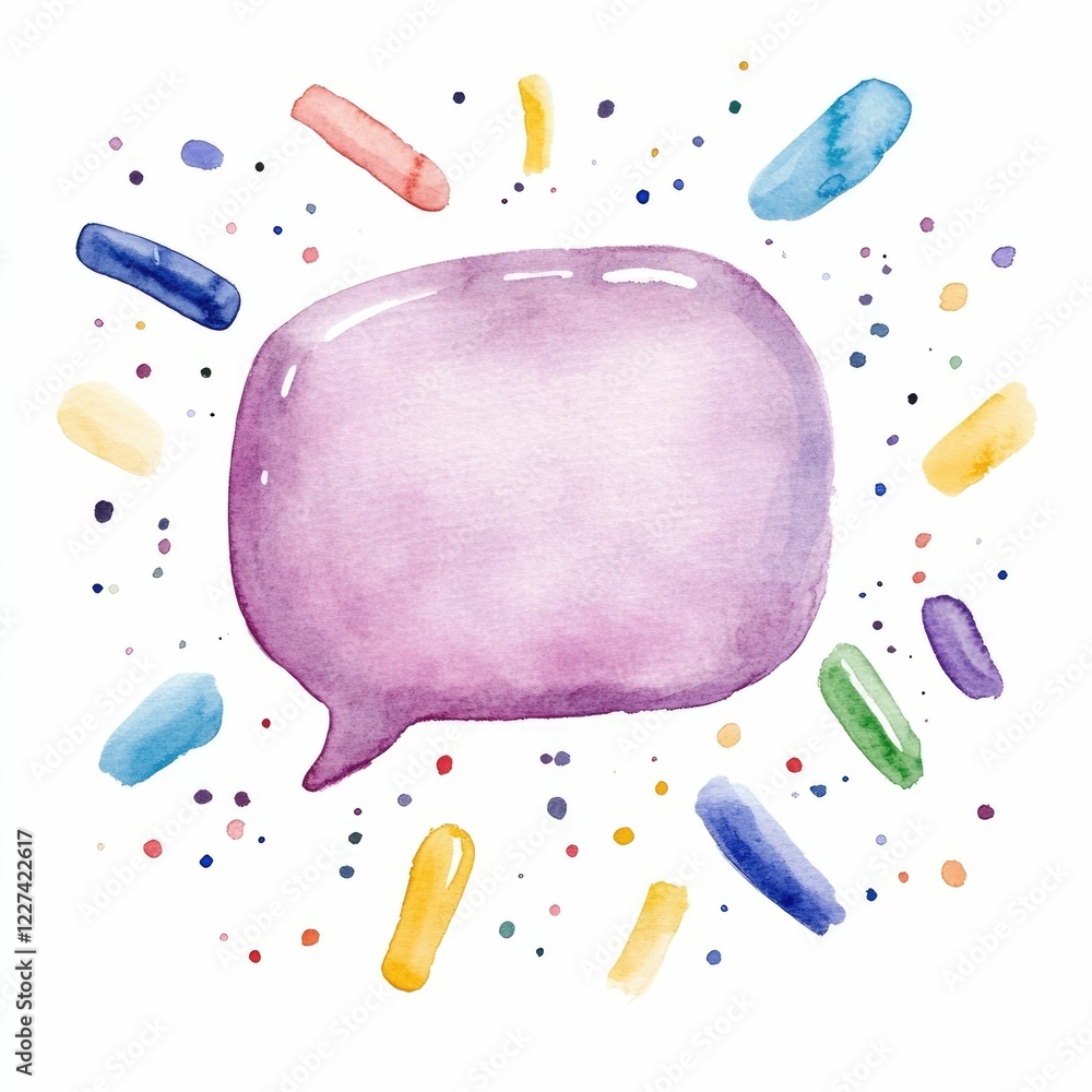 Poster vibrant watercolor digital art depicting an comment button icon with a glowing speech bubble surroun