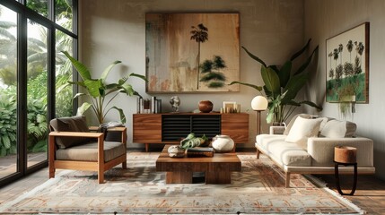 Modern living room with stylish furniture, palm tree artwork, and lush greenery outside