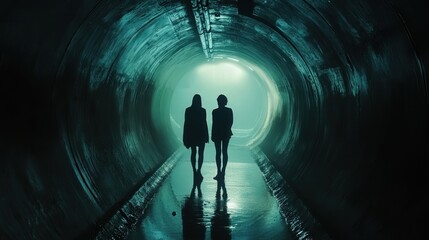 the silhouettes of two people under the light of a tunnel walkway. Their shadows extend across the ground