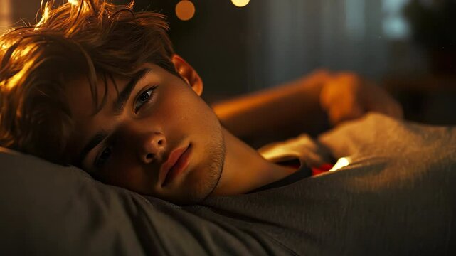 Handsome Young Man Relaxing in Warm Ambient Lighting - made with Generative AI