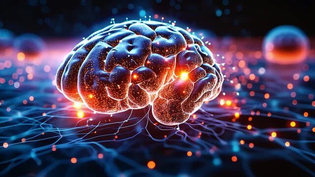 A vibrant brain model displaying neural connections at a digital art exhibition - Powered by Adobe