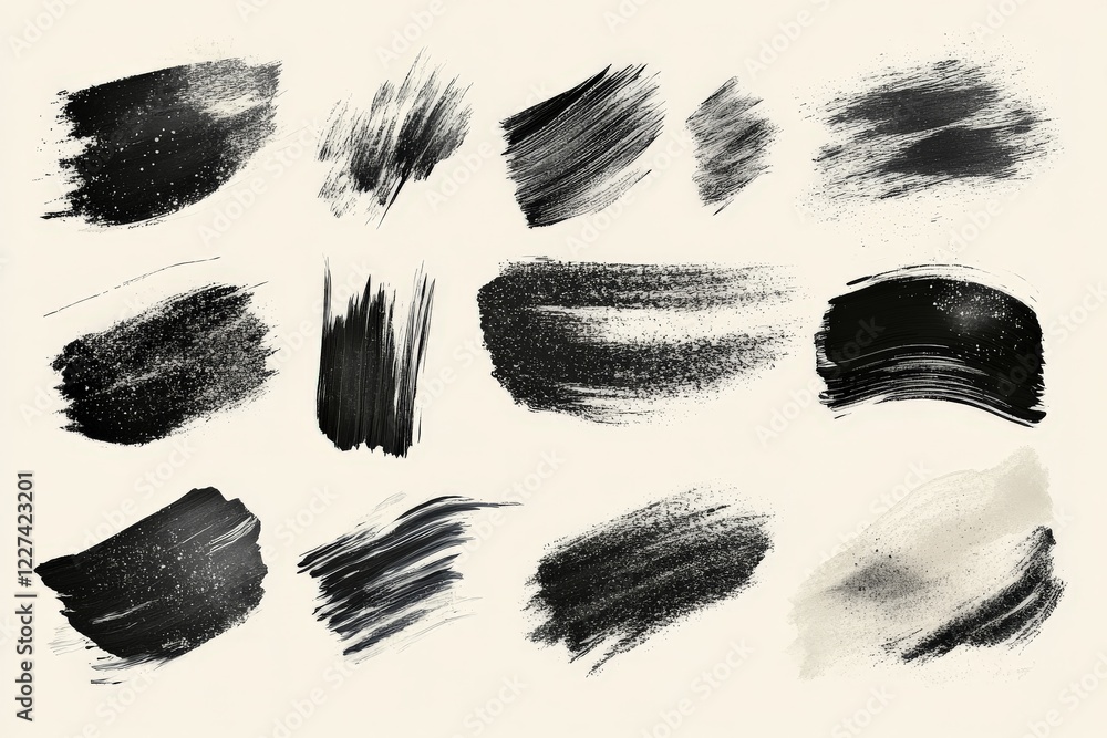Poster Black paint brush strokes on a light background creating abstract shapes for artistic design