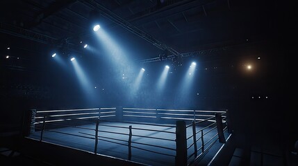 A spotlight-lit boxing ring with clean white ropes, emphasizing the contrast against the dark arena.