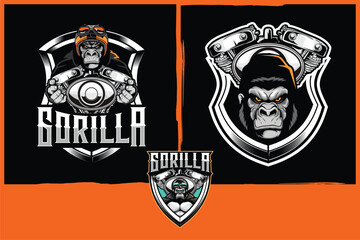 Gorilla head with motorcycle engine cartoon character vector image template