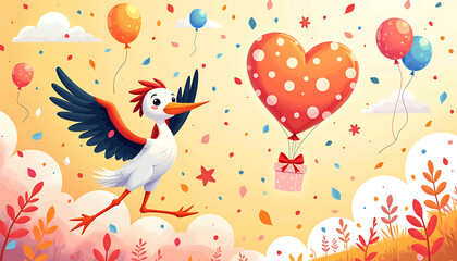 Stork carrying heart balloon in cheerful animated landscape