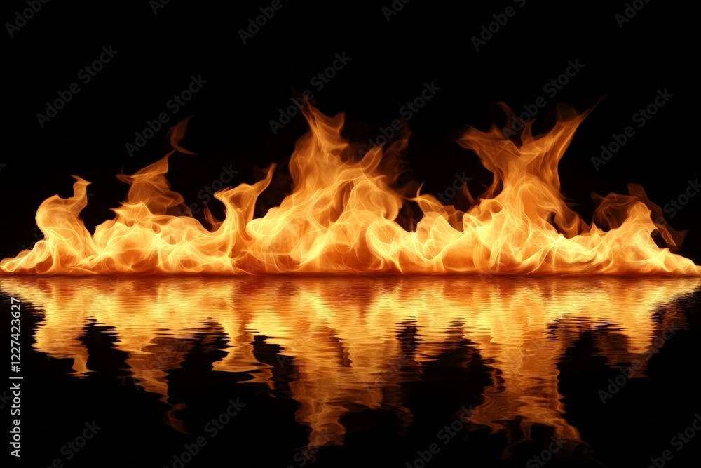 Poster flames reflect on calm water creating a mesmerizing view in a dark setting during the night
