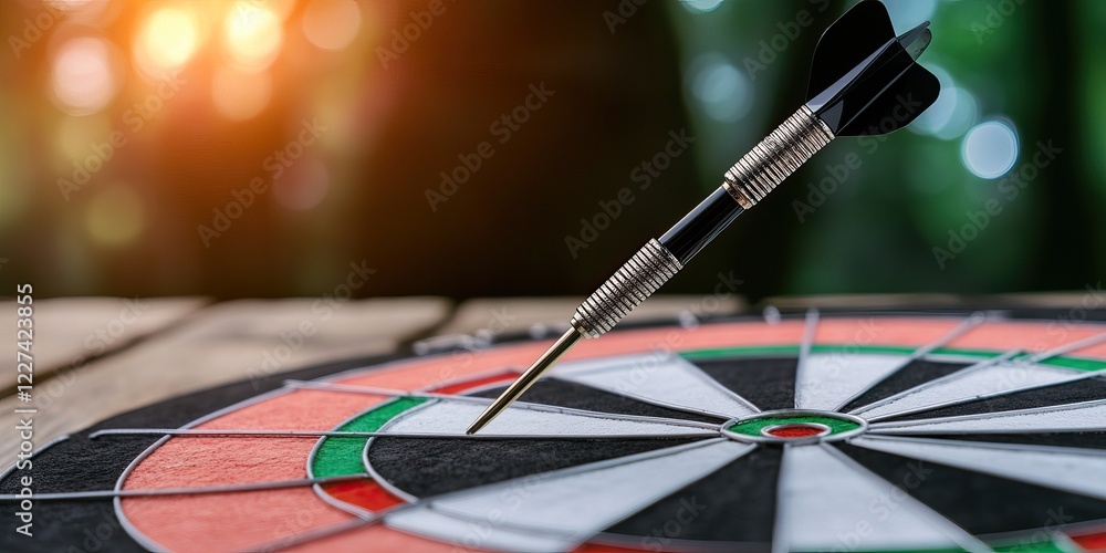 Poster a dart is embedded in the bullseye of a dartboard, symbolizing precision and focus in a natural sett