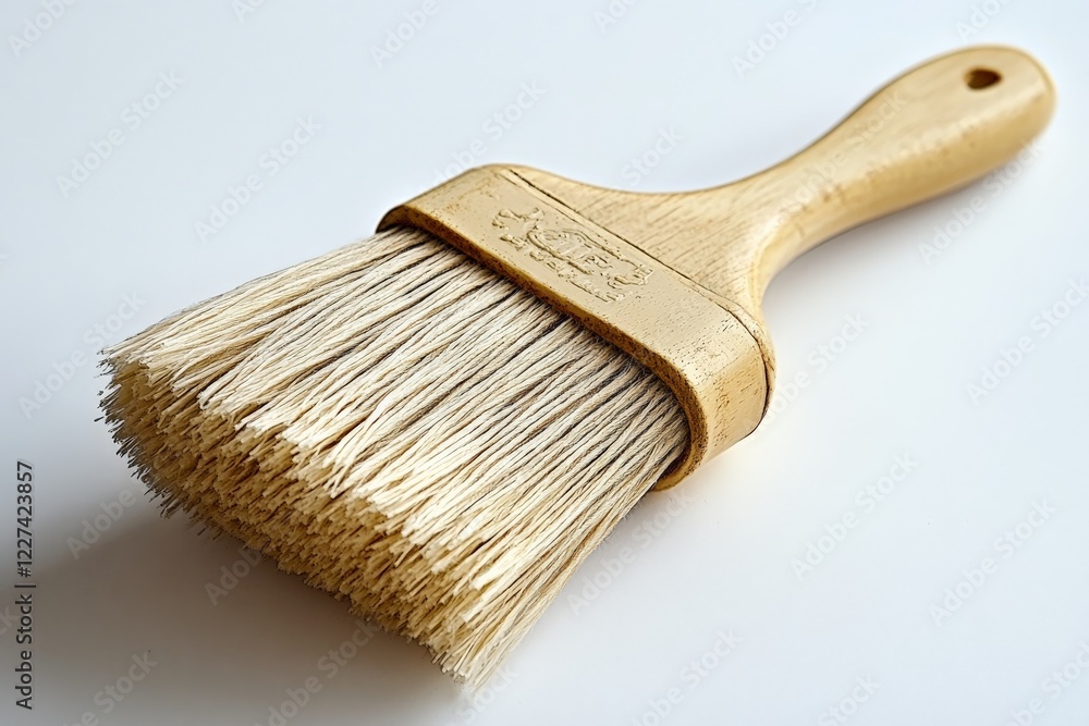 Poster brush for painting or crafting with wide bristles and wooden handle in a clean setting
