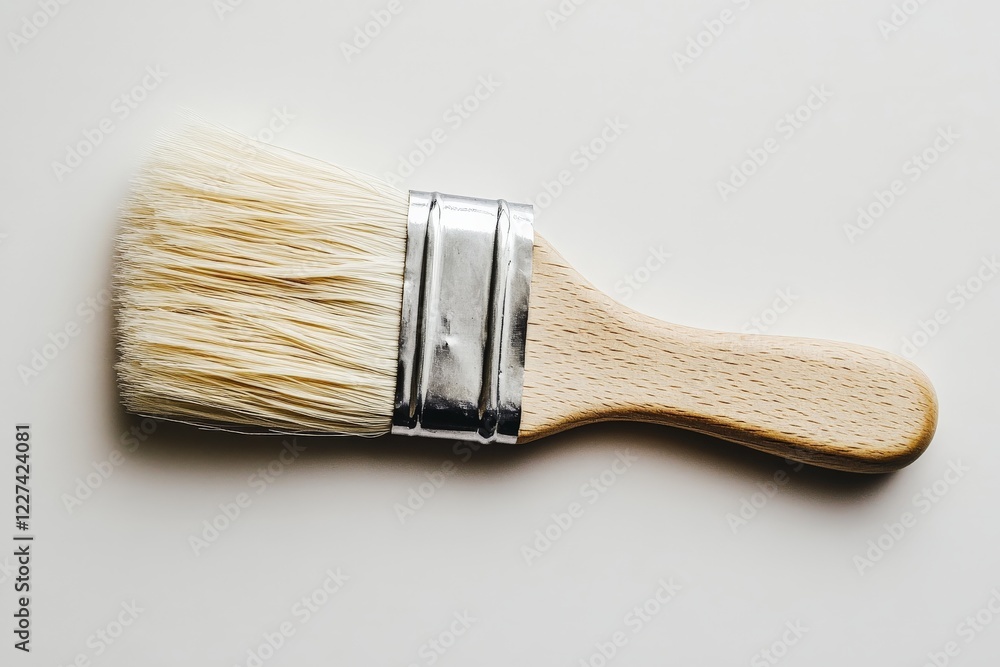 Poster brush with wooden handle and bristles resting on a smooth surface