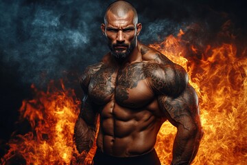 Muscular man poses confidently against a backdrop of dramatic flames and smoke