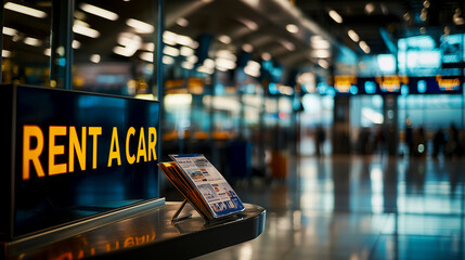 car rental counter in an airport terminal with blurred background