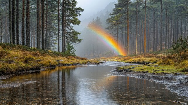 Misty forest rainbow reflecting in stream