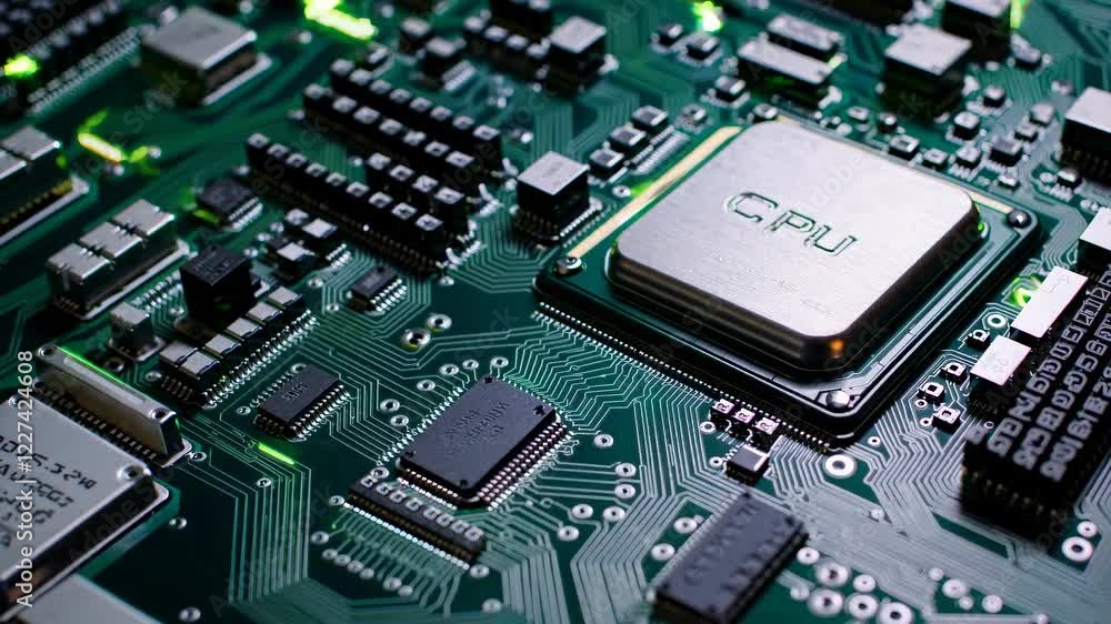 Poster exploring the intricate details of a computer motherboard with glowing components and high-performan