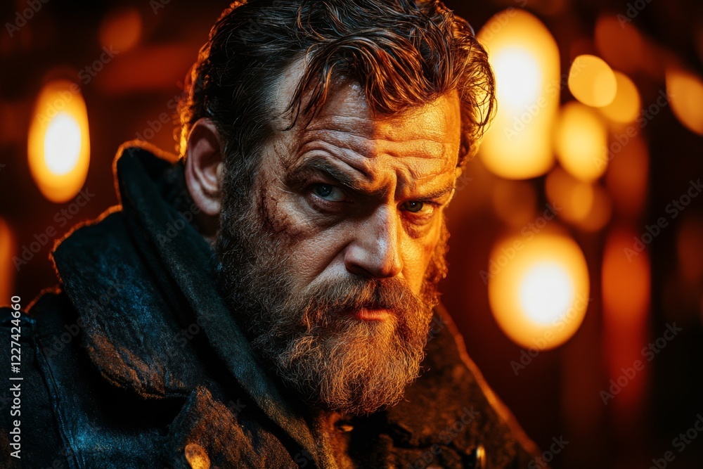 Poster a dramatic close-up of an actor on stage, captured mid-monologue with intense expressions and a spot