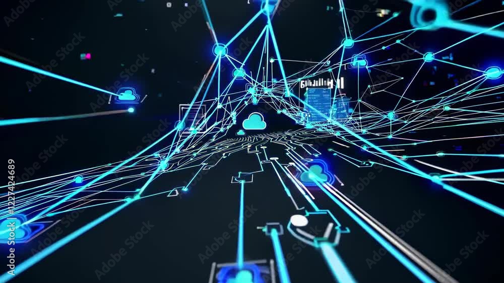Poster exploring the vast connections of the digital network in a futuristic visual landscape