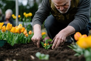An elderly gardener gently plants a flower in rich, dark soil surrounded by vibrant yellow tulips, capturing the essence of spring and nurturing life in the garden.