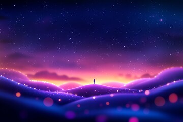 A serene landscape at dusk with rolling hills and a starry sky, featuring a lone figure silhouetted against vibrant colors.