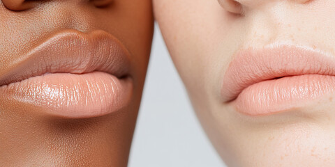 Close-up of Two Women's Lips with Peach-Toned Lipstick