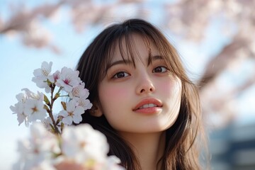 Fototapeta premium A smiling girl stands in a gentle spring breeze, surrounded by blooming cherry blossoms, symbolizing joy, youthfulness, and the beauty of nature in full bloom.