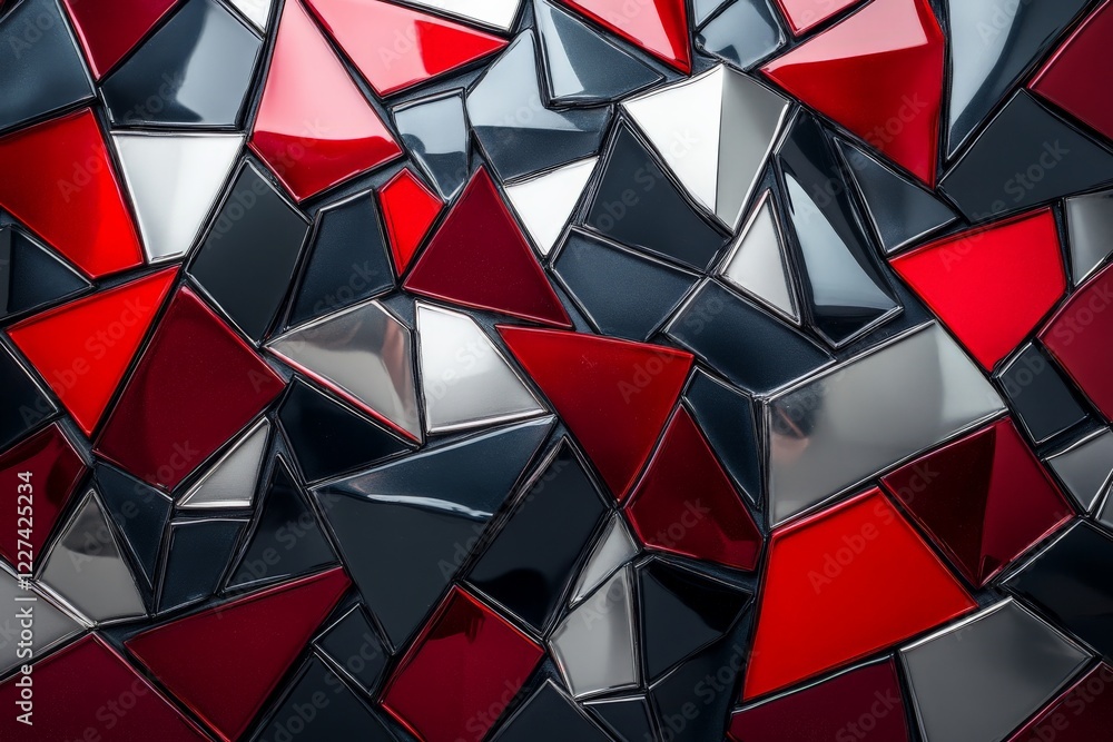 Poster intricate arrangement of red and black geometric shapes in a modern art installation with reflective