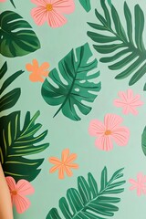Tropical leaves and pink flowers on green background