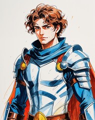 adult male calm curly brown hair armor and cape watercolor anime style illustration on plain white background