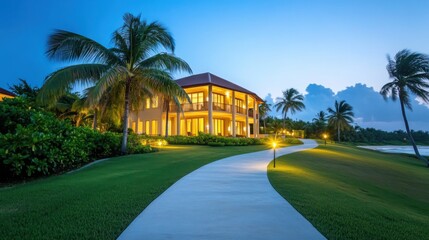 Fototapeta premium A luxurious hotel located in a tropical paradise, with elegant lighting illuminating the exterior at night