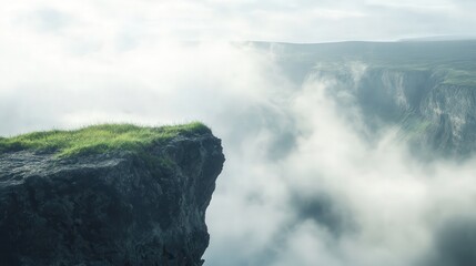 a small patch of grass on a cliff, overlooking the vast sea of mist. The fog spreads across the valley
