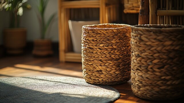 Two woven seagrass baskets sit on a rug. Perfect for home decor, adding texture and natural warmth.