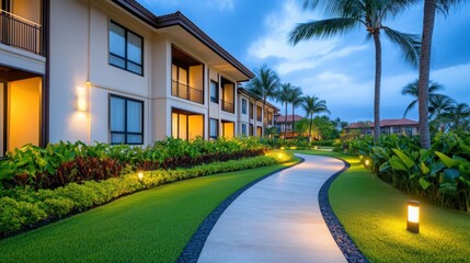 Naklejka premium A luxurious hotel surrounded by lush, exotic gardens, illuminated by soft lighting at night