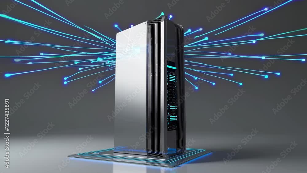 Poster exploring the future of computing with advanced server technology and digital enhancements