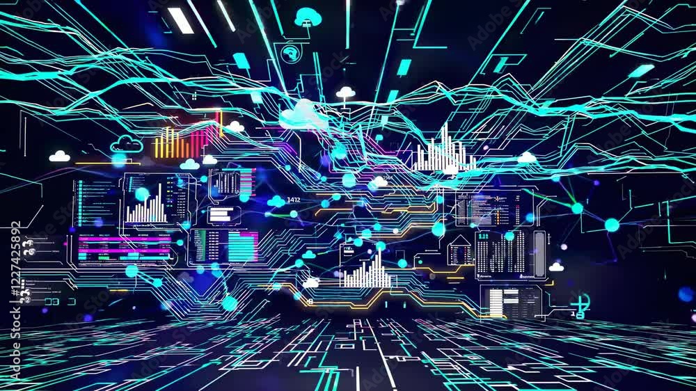 Poster exploring data visualization and technological patterns in a futuristic digital landscape