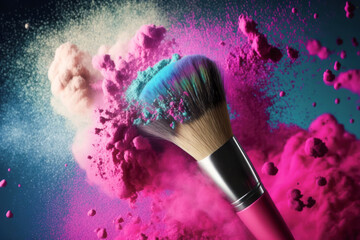Make-up brush with colorful powder background. Generative AI