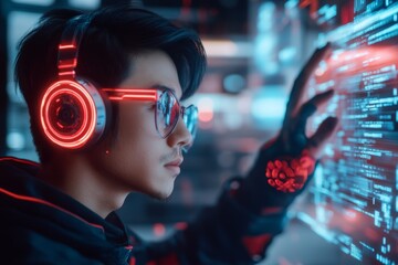 Obraz premium A cyberpunk-inspired scene of a hacker demonstrating how to access a secure digital vault, with glowing neon keyboards and holographic code swirling in a high-tech room