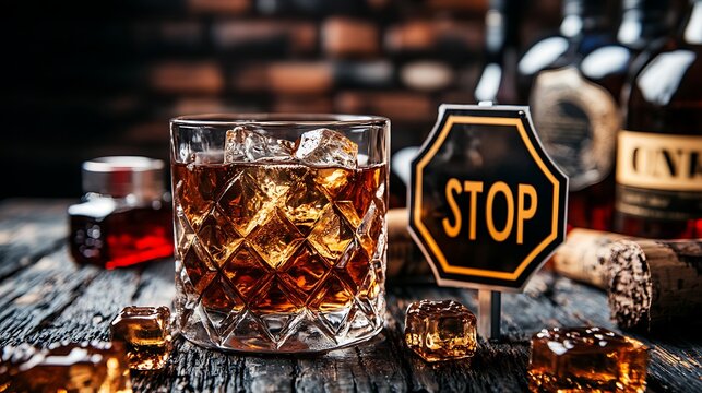 A glass of amber liquor on the rocks sits beside a "STOP" sign, subtly warning against the dangers of alcohol abuse and irresponsible drinking.