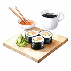 Vibrant watercolor of freshly prepared sushi rolls featuring salmon  avocado  and roe  elegantly arranged on a wooden serving board