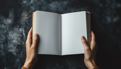 Naklejka premium Open book with blank pages held by hands, black background, soft ambient lighting, ideal for inspirational content, storytelling, or creative projects