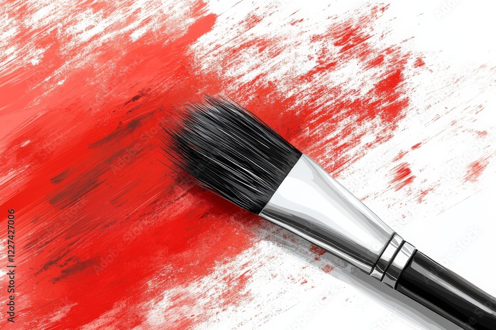 Aufkleber brush applying vibrant red paint on a textured canvas background