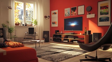 Modern Living Room with Red Wall, Entertainment System, and Stylish Furniture