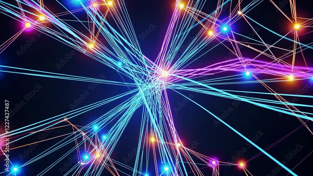 Leinwandbilder colorful digital network visualization displaying interconnected nodes and pathways at night