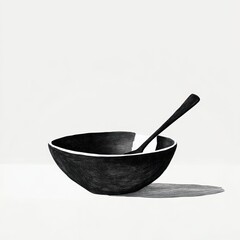 Black bowl with spoon, minimalist style, white background, food serving