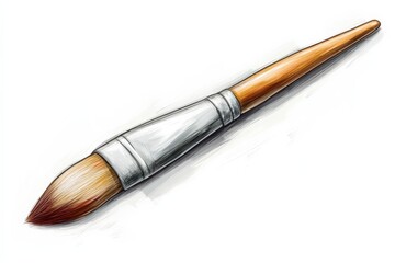 Fototapeta premium Detailed watercolor brush with a wooden handle resting on a white background showcasing fine bristles