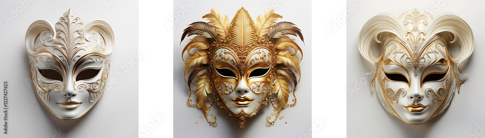 Poster three elegant venetian-style masks, each with unique adornments, are displayed against a plain white