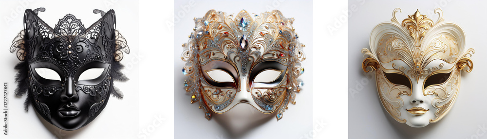 Poster three ornate feline masks, varying in color and design, are displayed against a plain background. ea