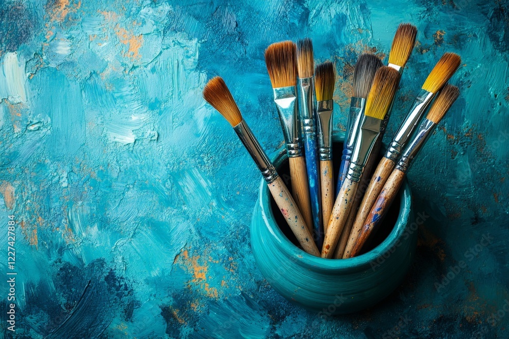 Poster collection of paintbrushes arranged in a blue ceramic pot with an artistic background showcasing vib