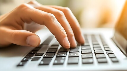 A close-up of a hand typing on a laptop keyboard, suggesting productivity and technology use.