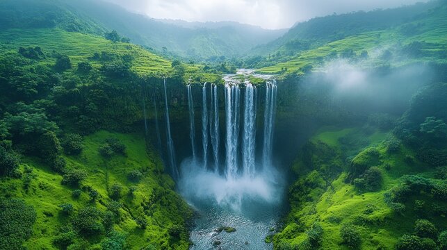 Majestic waterfall cascading down a lush green hillside landscape on misty day