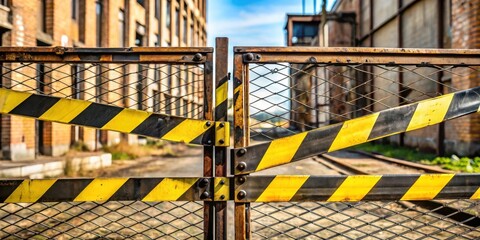 Yellow and black plastic barricade tape stretched across a rusty metal gate on an abandoned factory roof, creating a sense of caution and warning, roof, industrial